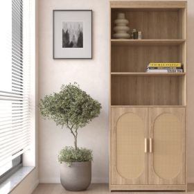 Bookshelf 5 Tier Book Shelf Rattan Tall Bookcase with Doors Storage Wood Shelves Large Bookshelves Farmhouse Bookcases Library Book Case for Livi