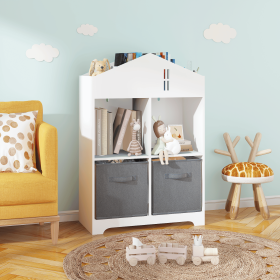Kids Dollhouse Bookcase with Storage, 2-Tier Storage Display Organizer, Toddler Bookshelf with 2 Collapsible Fabric Drawers for Bedroom or Playro