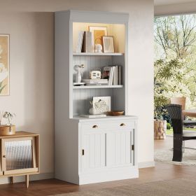 83.4"Tall Bookshelf with LED Lighting, Modern Bookcase with Sliding Doors and Open Shelves,Storage Bookshelf for Living Room,Home Office,White