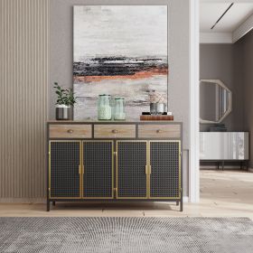 48" Wide 4 Doors Modern Sideboard with 3 Top Drawers, Freestanding Sideboard Storage Cabinet Entryway Floor Cabinet for Living Room Office Bedroo