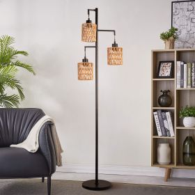 Boho Rattan Floor Lamp - Standing Lamps for Living Room  Dimmable Floor Lamp with Cage Shade