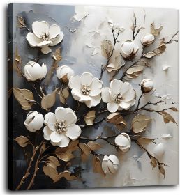 Bathroom Wall Art Decor White Flower Canvas Wall Art for Living Room Golden Leaf Painting Prints Floral Picture Wall Decor Artwork Framed for Bed