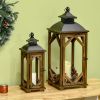 HOMCOM 2 Pack Large Rustic Lantern Decorative Hanging Wooden Metal Indoor Outdoor Black Dark Wood Color