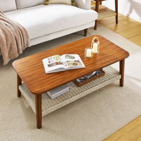 47.25" Mid-Century Coffee Table with Woven Shelf, Boho Rattan Coffee Table with Storage