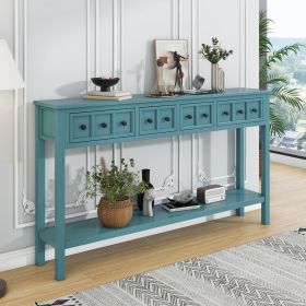 Rustic Entryway Console Table,60" Long Sofa Table with Two Different Size Drawers and Bottom Shelf for Storage (Color: Turquoise Green, Material: Solid Wood)