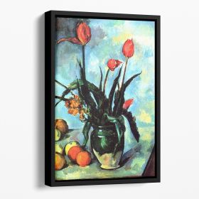 Still Life vase with Tulips by Cezanne Floating Framed Canvas (Color: Black, size: 40" x 26" / 100cm x 65cm (approx))